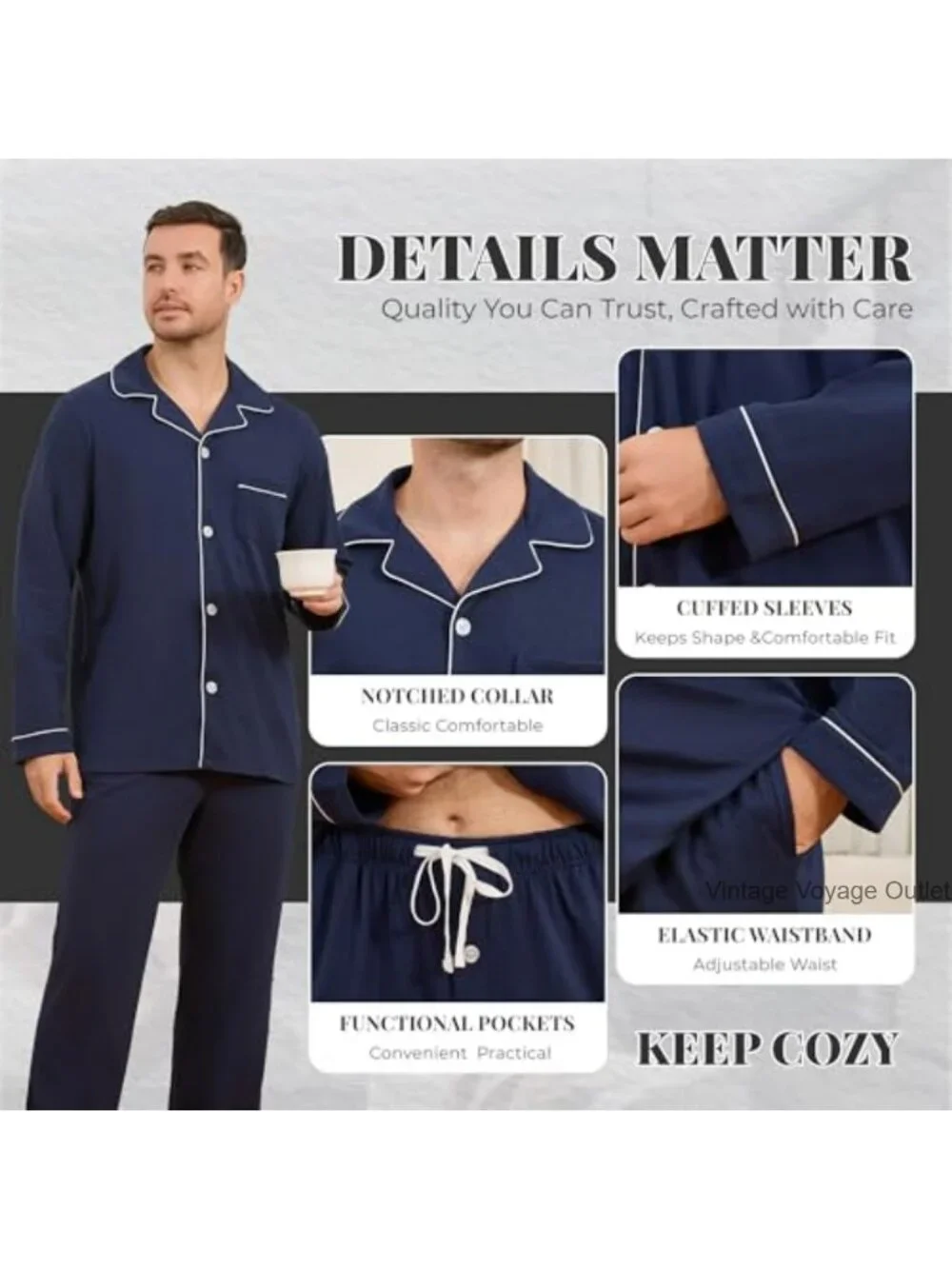 100% Cotton Pajama Set, Button Down Sleepwear Lounge Pjs for Men